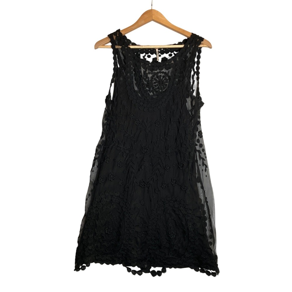Free‎ People Black Lace Overlay Sheer Tank Mini Dress Dark Romance Western L